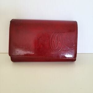 Cartier Patent Leather Bifold Card Holder Dark Red Wallet Medium Signature Logo
